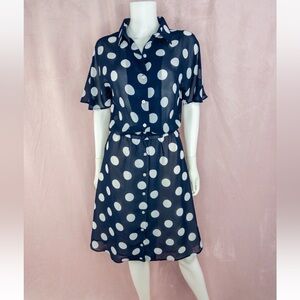 Gretchen Scott Womens Navy Blue Polka Dot Shirt Dress Size XS Chiffon V Neck